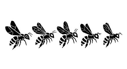 Five stylized black bees in flight, perfect for nature projects, logos, and educational materials, offering a clean and dynamic visual. © MUHRODIN