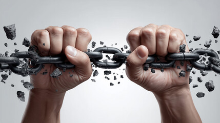 Powerful grip tearing steel chain apart symbolic strength