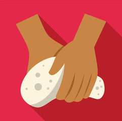 Hands kneading a white dough ball on a red background, illustrating food preparation