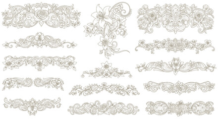 Elegant floral decorative borders and flourishes offer timeless beauty for invitations, stationery, and elegant branding projects