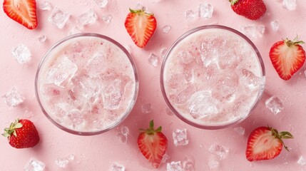 Strawberry drinks with ice and fresh strawberries on pink background
