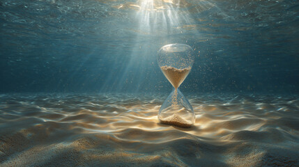 Time passing hourglass submerged beneath blue water