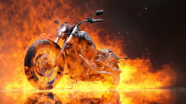 Black motorcycle stands boldly against a fiery background, showcasing its sleek design and power at sunset