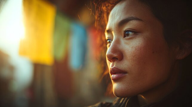 a young tibetan woman standing quietly by a monastary wall