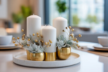 Elegante winterliche Tischdekoration mit weißen Kerzen und festlichem Arrangement