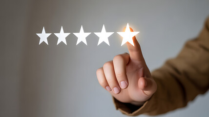 Confidently giving a five-star rating, a hand touches the glowing final star, signifying premium quality, excellent service, and top customer satisfaction