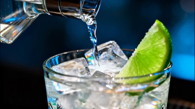 Pouring clear liquid into a glass with ice cubes and lime slice cocktail preparation