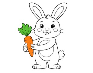 Adorable bunny holds a carrot against white background