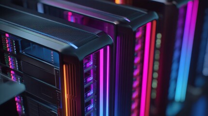 A close-up view of modern computer towers featuring vibrant RGB lighting, showcasing a sleek design and advanced technology.