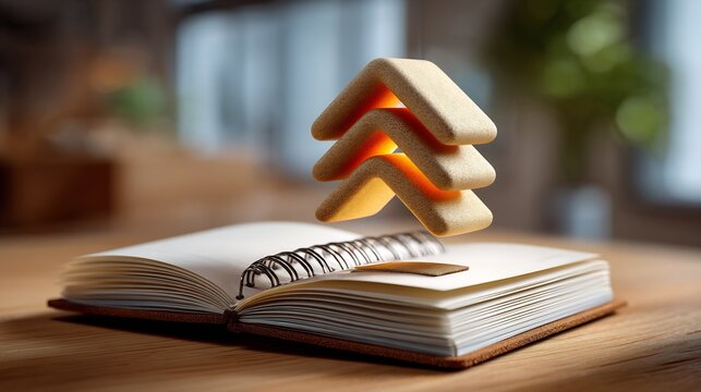Glowing brand presence symbol gradually expanding above notebook on wooden desk, soft studio light, clean background blur, premium commercial look