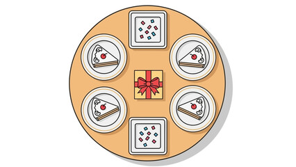 Table setting for a celebration with cake slices gift box and party favors top view illustration for