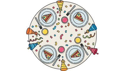 Round table setting with pizza slices party hats and confetti festive celebration meal for family or