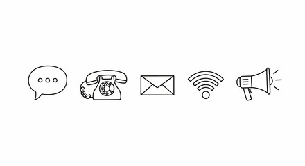 Set of simple line icons representing communication symbols including speech bubble, phone, email, Wi-Fi signal, and megaphone.