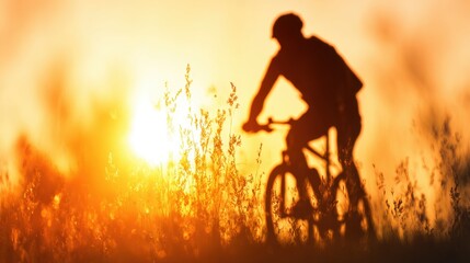 Cyclist rides through tall grass during sunset near a rural area