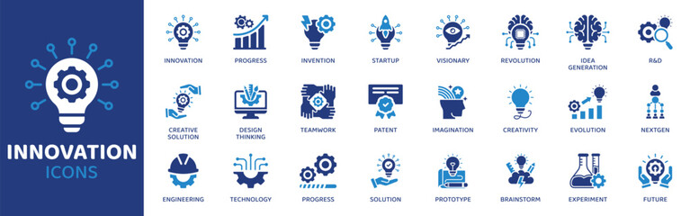 Innovation flat icon set. Containing Icons as Progress, Invention, Startup, Visionary, Revolution, Idea Generation, R&D and more. Solid Vector web icons collection. © MAHAMMAD