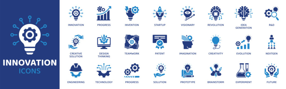 Innovation flat icon set. Containing Icons as Progress, Invention, Startup, Visionary, Revolution, Idea Generation, R&D and more. Solid Vector web icons collection.