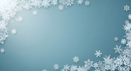 Modern winter background featuring white paper cutout snowflakes scattered across corners forming dynamic diagonal pattern over smooth blue gradient