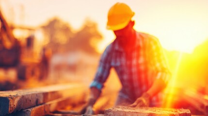 Construction worker laying bricks during sunset at a building site