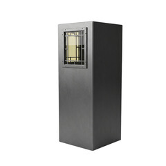 Contemporary architectural light post with glowing barred window isolated on white background