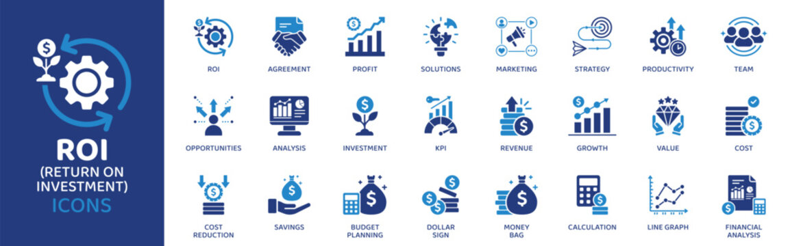 ROI (Return on Investment) flat icon set. Containing Icons as Return on Investment, Agreement, Profit, Marketing, Strategy, Investment, KPI and more. Solid Vector web icons collection.