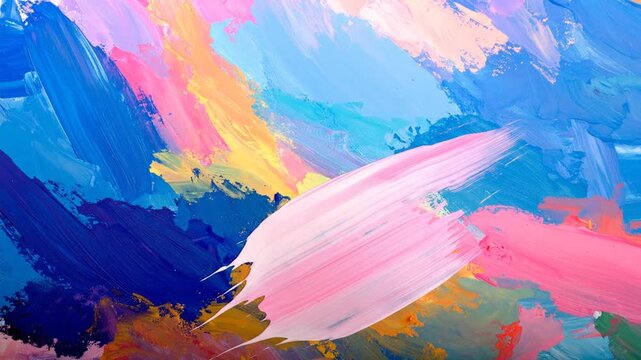 A hand uses a spherical object to apply white paint over colorful, textured brushstrokes