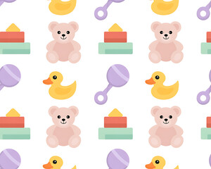 Seamless Pattern of Cute Cartoon Baby Toys Including Teddy Bears Ducks and Rattles on White Background