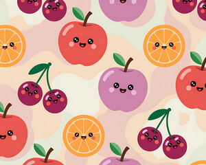 Seamless pattern of cute cartoon fruits with smiling faces including apples cherries and oranges on a patterned background
