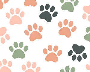 Seamless Pattern of Paw Prints in Soft Peach, Sage Green, and Charcoal Gray on White animal