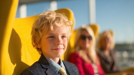 Young boy in suit sits on a yellow chair with adults in background