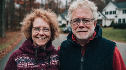 Seniors smile for a picture on a residential street during autumn season