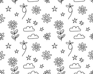 Simple Outline Floral, Star, and Cloud Seamless Pattern in Black and White on White Background flower