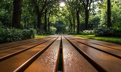 Wood surface in a green garden park, with ample copy space for marketing or advertising purposes. The serene environment offers a perfect backdrop for eco-friendly, Generative AI