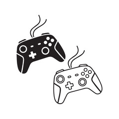 Two wired video game controller gamepads hanging by cords vector illustration in black and white sketch style
