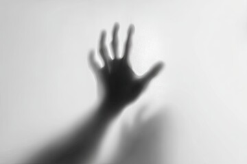 A grayscale image shows a hand reaching out, blurred and indistinct against a white backdrop
