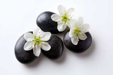 Smooth black spa stones adorned with delicate white flowers, on a pristine white background