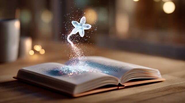 Glowing brand presence symbol gradually expanding above notebook on wooden desk, soft studio light, clean background blur, premium commercial look