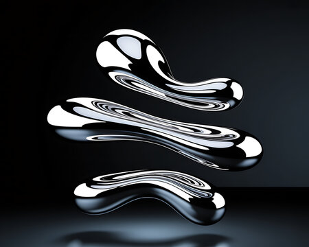 Three abstract metallic liquid blobs floating in a dark studio environment with reflections shapes - Powered by Adobe