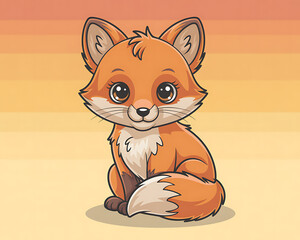 Whimsical cartoon fox with large eyes and a fluffy tail against a gradient orange background cute animal