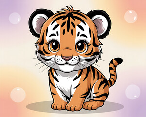 Whimsical cartoon tiger cub with large eyes and bubbles against a colorful pastel gradient background Keywords: tiger cub, cartoon, cute, animal, big eyes, orange, black stripes, white belly, pink