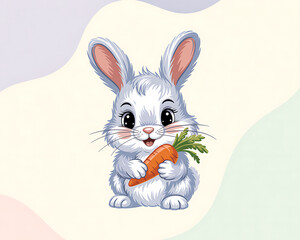 Whimsical fluffy white cartoon bunny with expressive eyes holding a bright orange carrot on a pastel abstract background