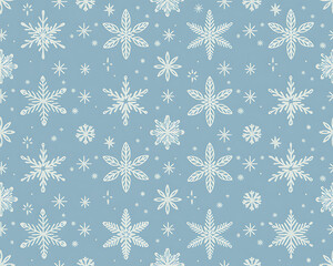 Whimsical Hand- Drawn Snowflake Pattern on Light Blue Background seamless repeating