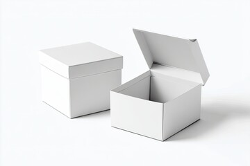 Two blank white square boxes, one closed and one open, against a white background