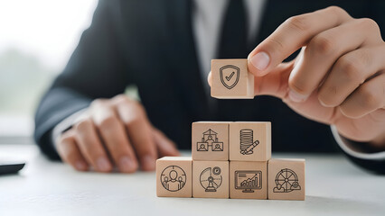 Person in suit building a tower of wooden blocks with business icons representing security teamwork finances and growth