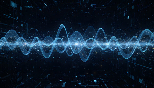 futuristic technology background of luminous blue waveform linework and micro particles