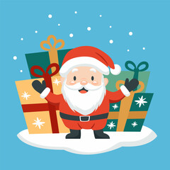 Cute Santa Claus with big gifts. Christmas holiday illustration for a card, banner, or poster.