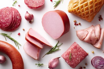 Overhead shot of deli meats, herbs, and onions arranged on a white surface