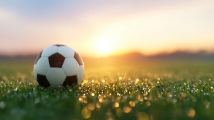 Evening soccer ball sits on grass with sunset in the background