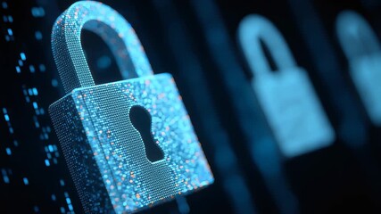 Digital lock representing cyber security in a futuristic data environment with cascading binary code in shades of blue and reflections of light - Powered by Adobe