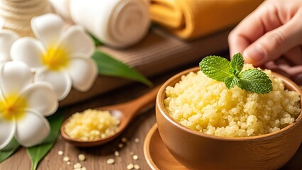 Natural body scrub in wooden bowl with fresh mint leaves, surrounded by spa elements like towels and flowers, creating a serene body care atmosphere with copy space