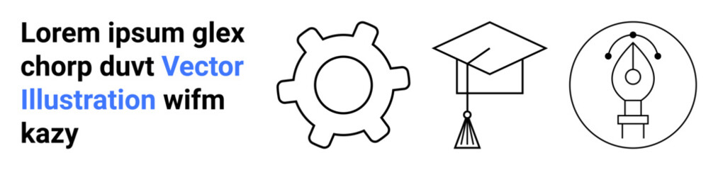 Education, creativity, engineering, learning, technology, graphic design. Gear, graduation cap and pen tool in line art. Education and creativity concept